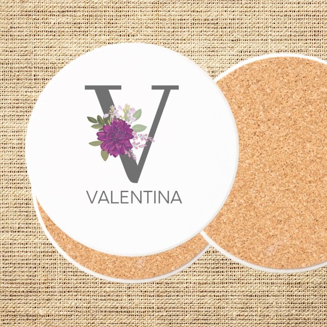 Porta-copos Burgundy Dahlia Floral Alphabet Letter Monogram   (Criador carregado)