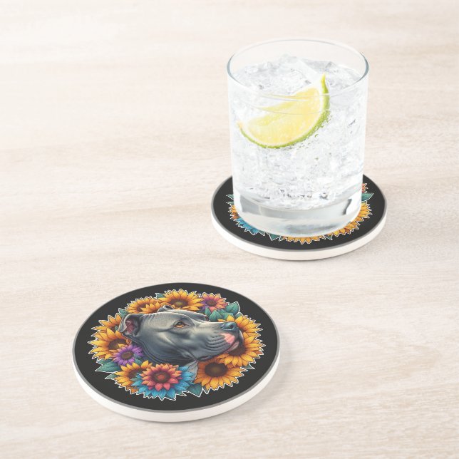 Porta-copos Cachorro Pitbulento cercado por girassóis vibrante (Lateral)