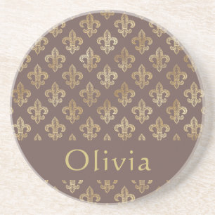 Porta-copos Café Brown e Fleur De Lis Dourado Personalizado