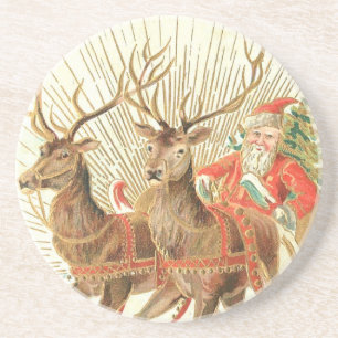 Porta-copos Cartão Postal de Natal VIntage, Papai Noel com Ren