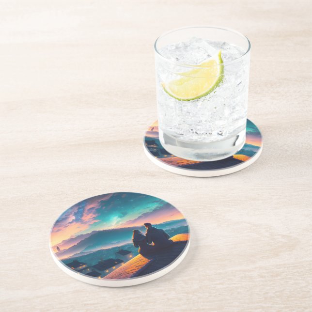 Porta-copos Casal Sentado No Telhado (Lateral)