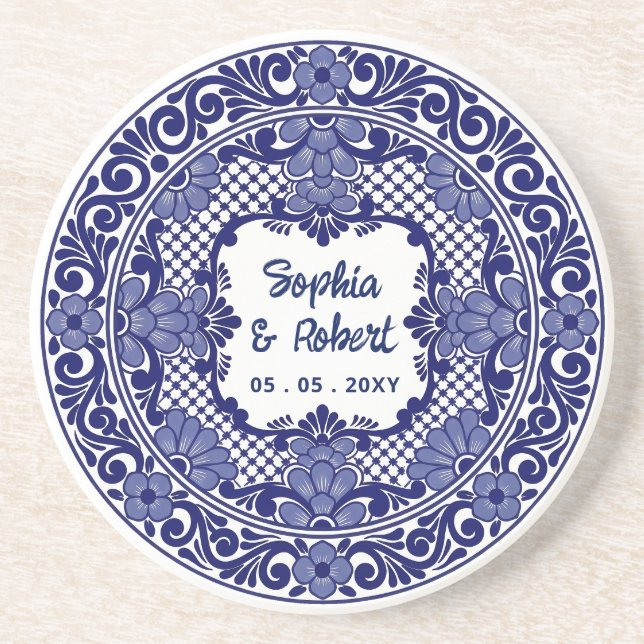 Porta-copos Casamento Talavera Azul Mexicano (Frente)