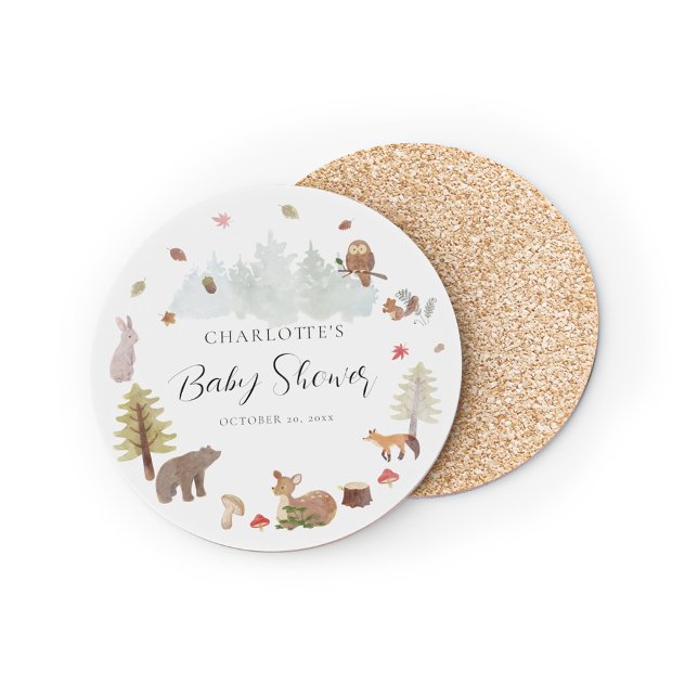 Porta-copos Chá de fraldas De Animais Da Floresta Cura (Rustic Woodland Animals Script Baby Shower Coaster)