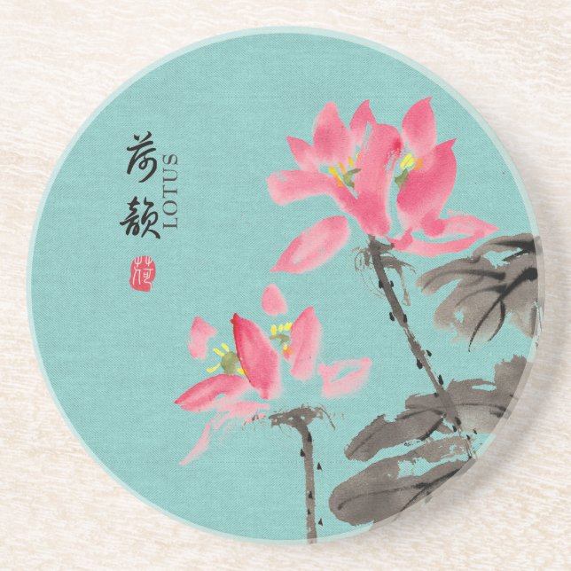 Porta-copos Chinoiserie Solta Aquarela Flores de Lotus (Frente)