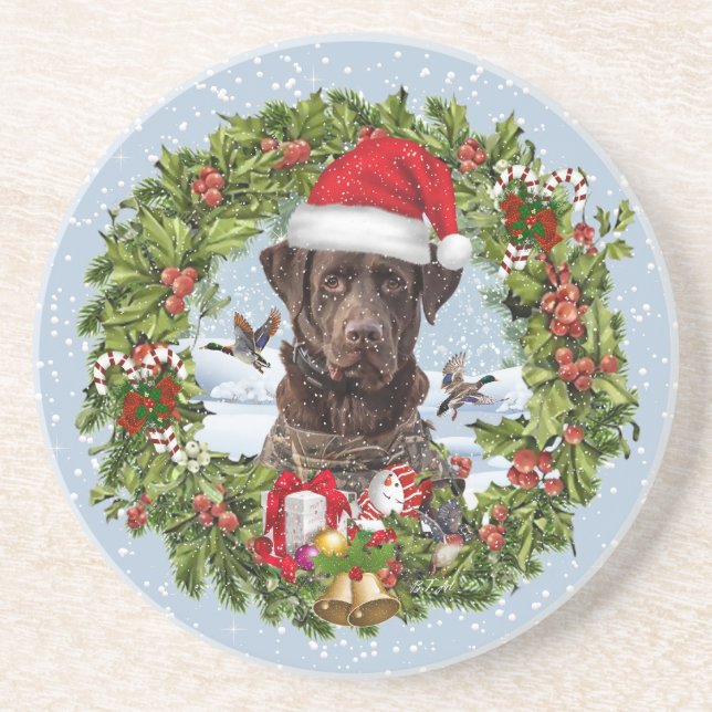 Porta-copos Chocolate Labrador Retriever, terra de Natal (Frente)