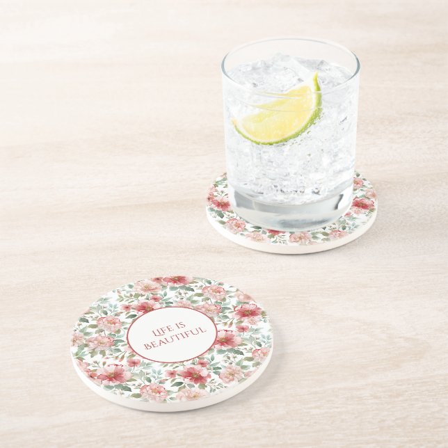 Porta-copos Citação Personalizada de Flores Vermelhas Rosadas (Lateral)