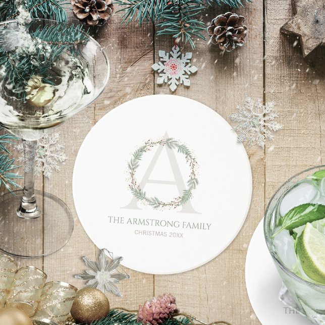 Porta-copos Conjunto de Acentos para Bebidas com Monograma de  (Deep Sage Wreath Monogram Drinkware Accent Set Coaster ©Susanne Sachers - Sunny Mind 🌞)