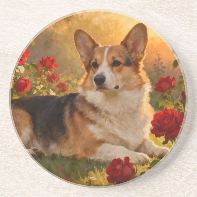 Porta-copos Corgi nas Rosas VI (Frente)