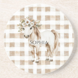 Porta-copos Cream White Plaid Stripes Horse Birthday