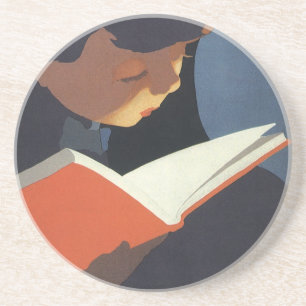 Porta-copos Criança do vintage que lê um livro da biblioteca