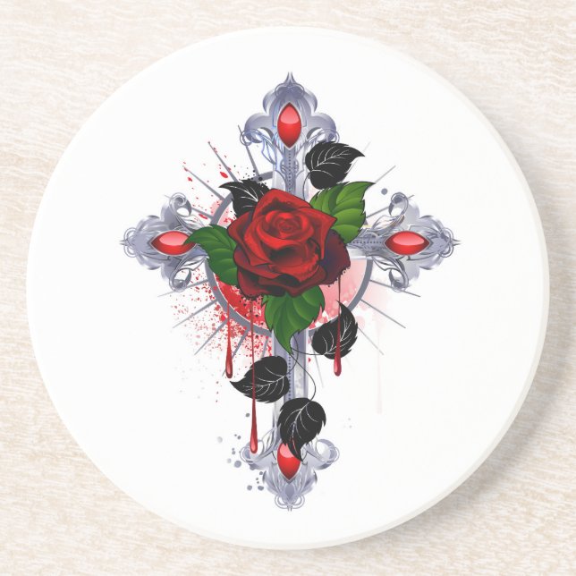 Porta-copos Cruz de Prata com Rosa vermelha (Frente)