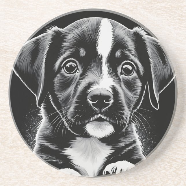 Porta-copos Cute Black & White Puppy – Dog Lover Coasters (Frente)