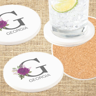 Porta-copos Dália Burgundy Floral Alfabeto Letra Monograma  