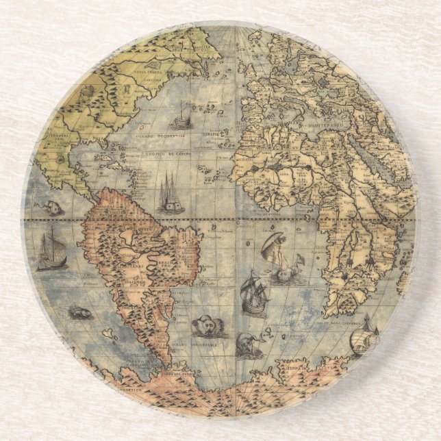 Porta-copos De Arenito 1565 Mapa Antigo do Mundo de Forlani Cartografia V (Frente)