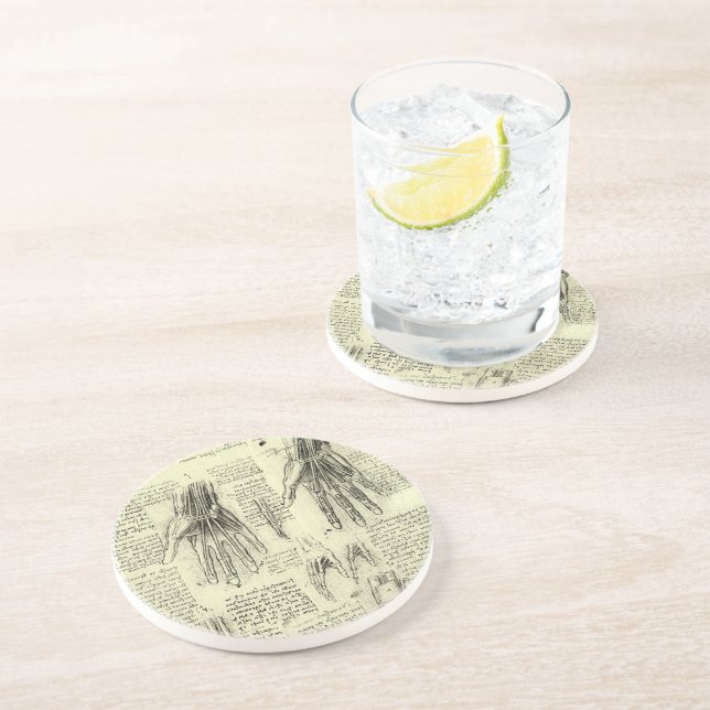 Porta-copos De Arenito Anatomia da Mão Humana por Leonardo da Vinci (Lateral)