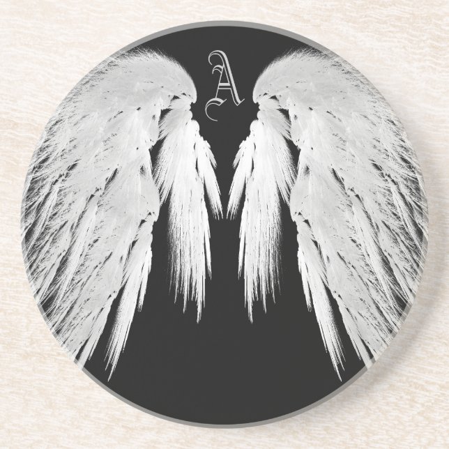 Porta-copos De Arenito ANGEL WINGS - Monograma personalizado preto (Frente)