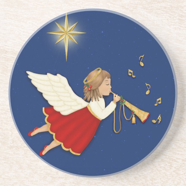 Porta-copos De Arenito Anjo de Trompete e Estrela de Natal (Frente)
