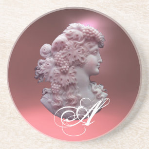 PORTA-COPOS DE ARENITO ANTIQUE CAMEO,SENHORA COM MONOGRAMA DE UVAS