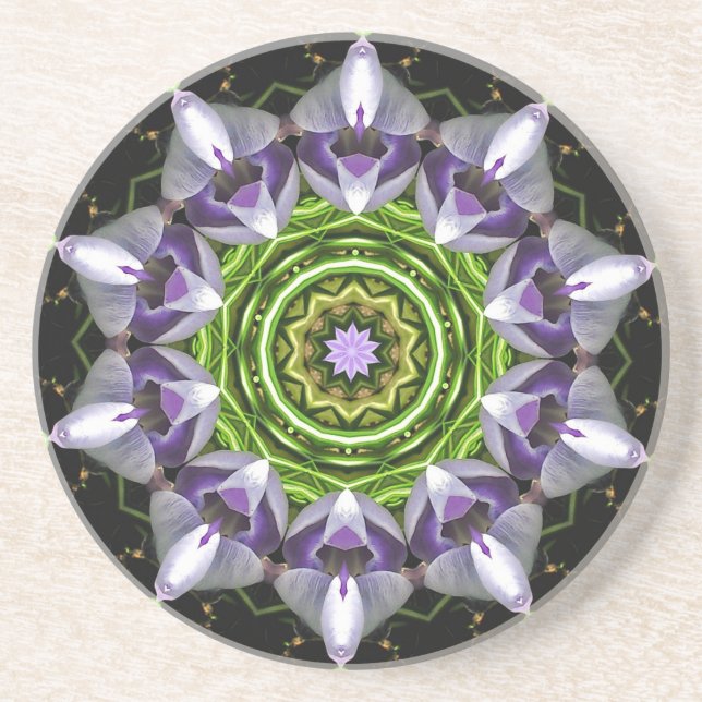 Porta-copos De Arenito Arte de Mandala Floral Roxo em Caleidoscópio (Frente)