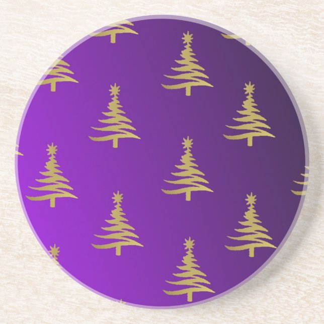 Porta-copos De Arenito Árvores de Natal Douradas em Roxo (Frente)