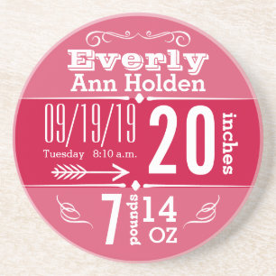 Porta-copos De Arenito Baby Girl Vintage Modern Pink Birds Record
