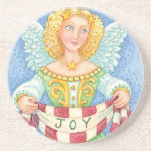 Porta-copos De Arenito Bela Cartoon de Natal Angel Halo com Joy Banner