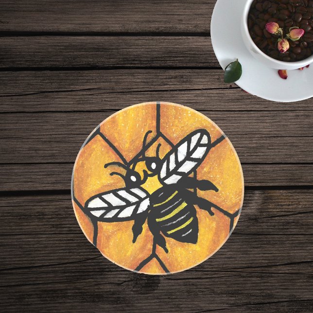 Porta-copos De Arenito Bela Jaqueta Amarela Bonita em Honeycomb (Black and gold yellow jacket bee on golden honeycomb background on glass drink coaster.)