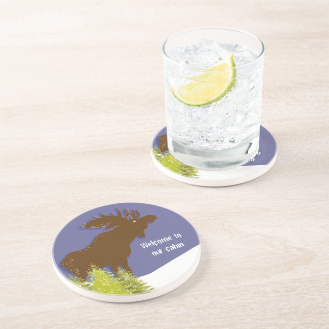 Porta-copos De Arenito Bem-vindos às nossas Portas copos de alce (Lateral)