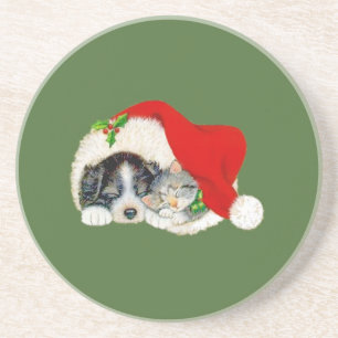 Porta-copos De Arenito Bibelô de Bebida de Cachorrinho e Gatito de Natal