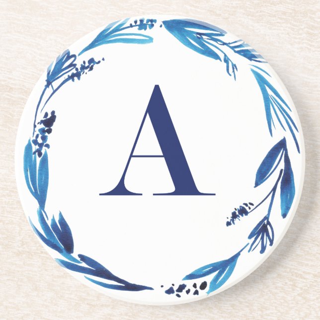 Porta-copos De Arenito Blue Floral Wreath 'A' (Frente)
