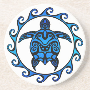 Porta-copos De Arenito Blue Tribal Turtle Sun