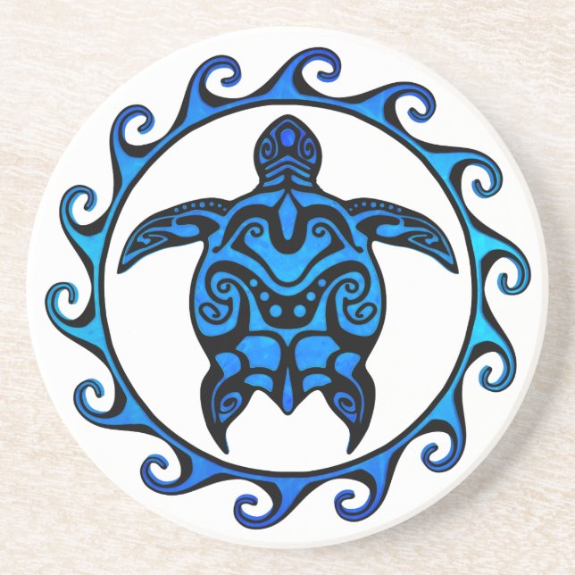 Porta-copos De Arenito Blue Tribal Turtle Sun (Frente)