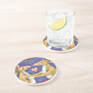 Porta-copos De Arenito Bonita Reindeer de Natal, Romântico Beijo w Mistle