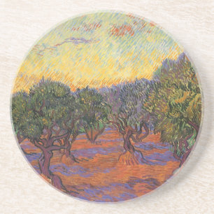 Porta-copos De Arenito Bosque verde-oliva, céu alaranjado por Vincent va