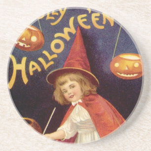 Porta-copos De Arenito Bruxa de Halloween Jolly Vintage por Ellen Clapsad