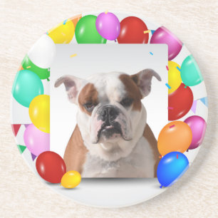 Porta-copos De Arenito Bulldog com Balões Coloridos Tema de Aniversário