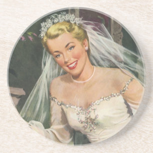 Porta-copos De Arenito Casamento Vintage, Noiva Retro com Menina de Flore