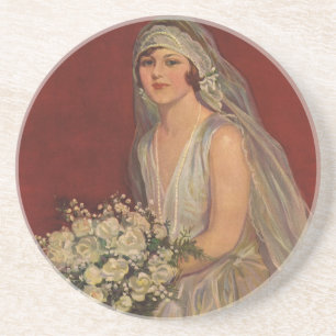 Porta-copos De Arenito Casamento Vintage, Retrato Nupcial da Noiva Vitori