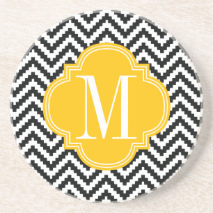 Porta-copos De Arenito Chevron asteca chique preto & branco Monogrammed