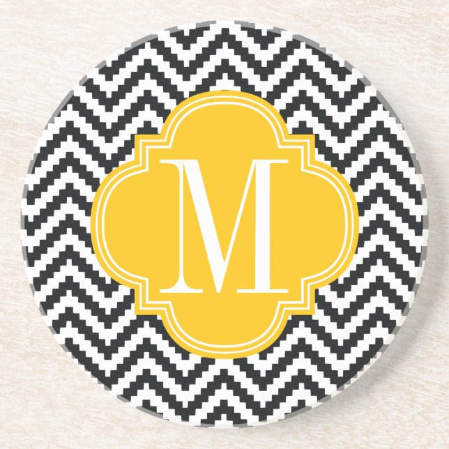 Porta-copos De Arenito Chevron asteca chique preto & branco Monogrammed (Frente)