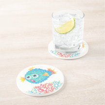Porta copos de arenito Colorida de Peixes-Puffer