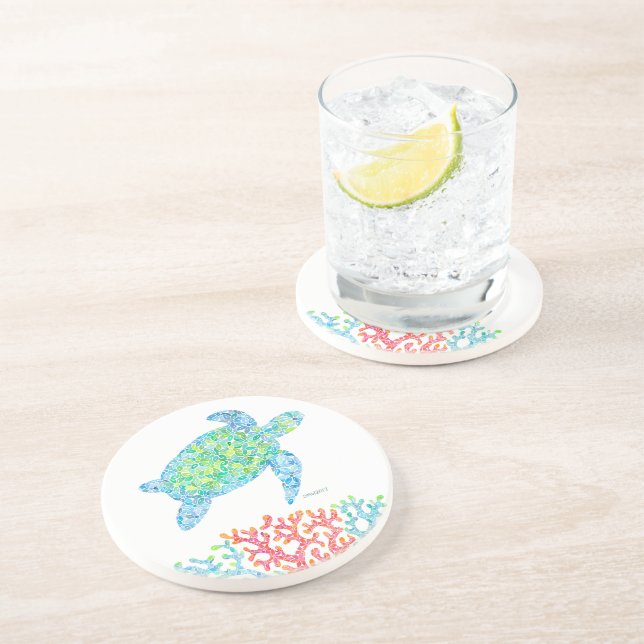 Porta copos de arenito Colorida de Tartaruga Marít (Lateral)