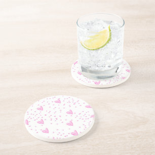 Porta-copos De Arenito Corações Rosa em Branco