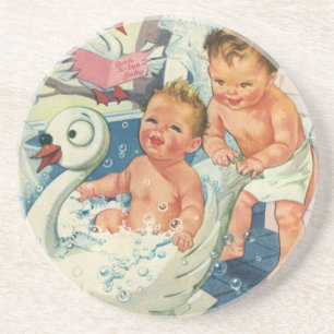 Porta-copos De Arenito Crianças Antigas Brincando com Bolhas na Banheira 