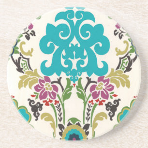 Porta-copos De Arenito Damask Floral Patternos Plum Turquoise