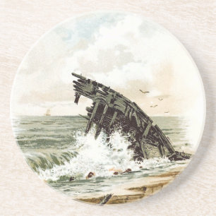Porta-copos De Arenito Desenho do vintage: Shipwreck na praia