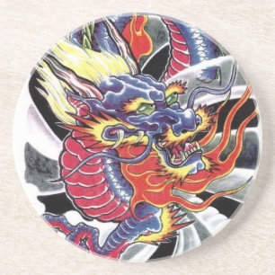 Porta-copos De Arenito Design de tatuagem japonesa do Dragão Azul