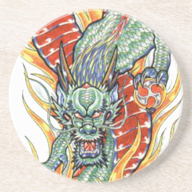 Porta-copos De Arenito Dragão japonês e Flor de Lotus (Frente)