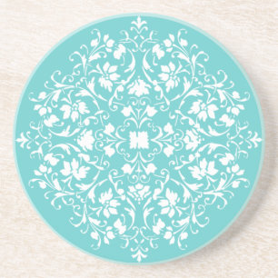 Porta-copos De Arenito Elegante Azul Água e Filigrana Damasco Branco