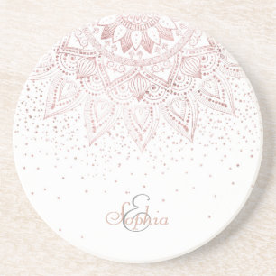Porta-copos De Arenito Elegante Rosa Dourado Dots Mandala